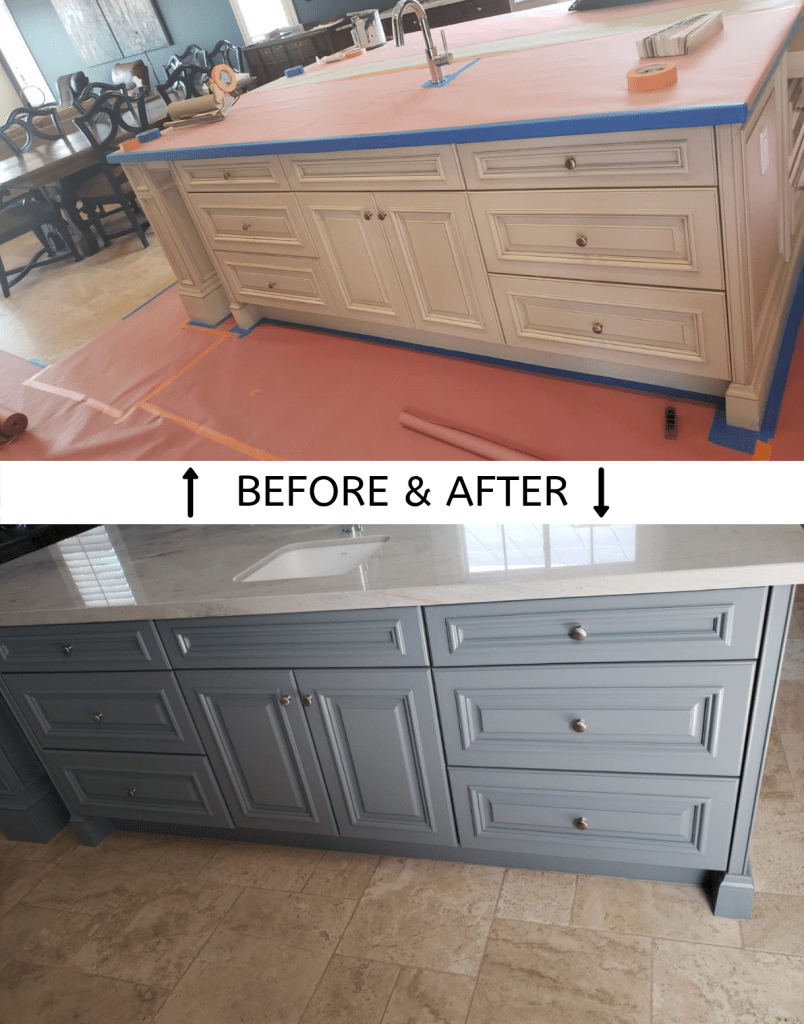 Before and After of Island Cabinet Painting - All Climate Painting and Remodeling