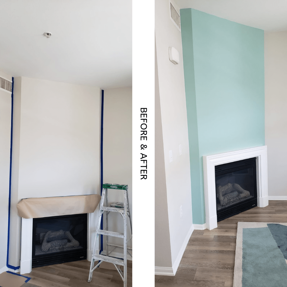 Before and After Painting Accent Wall by Fireplace - All Climate Painting and Remodeling